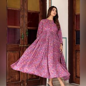 ✨ New Artisan Hand-blocked Cotton Emily Midi Boho Dress Purple Bloom XL